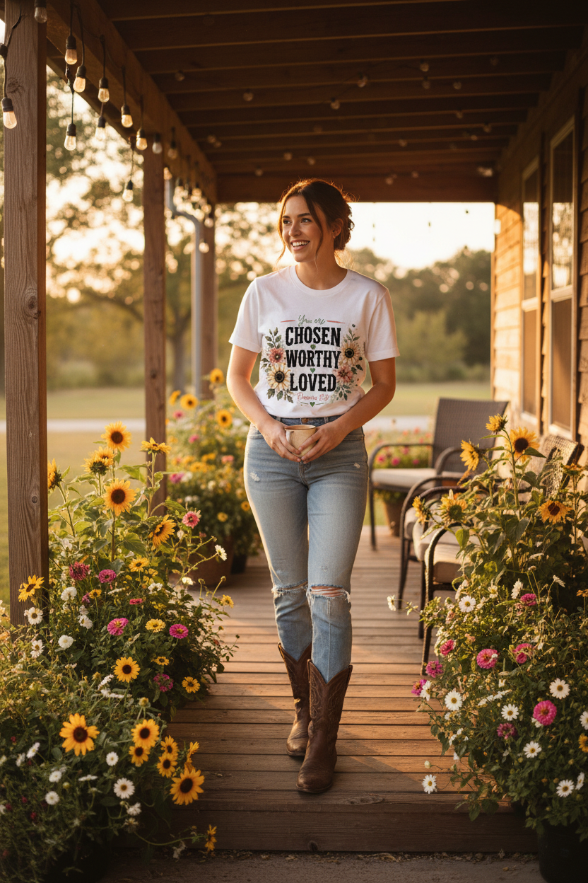 You Are Chosen Worthy Loved Tee scripture inspired floral shirt
